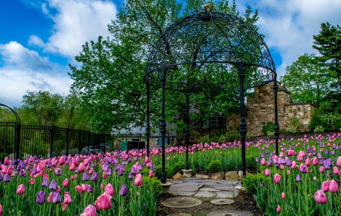 a garden with flowers and a gazebo in the middle